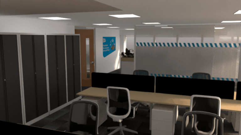 3D render for the License Check office fit out showing open-plan desks, black desk screens, storage lockers, glazed partitioning with frosted manifestation and branded wall graphics