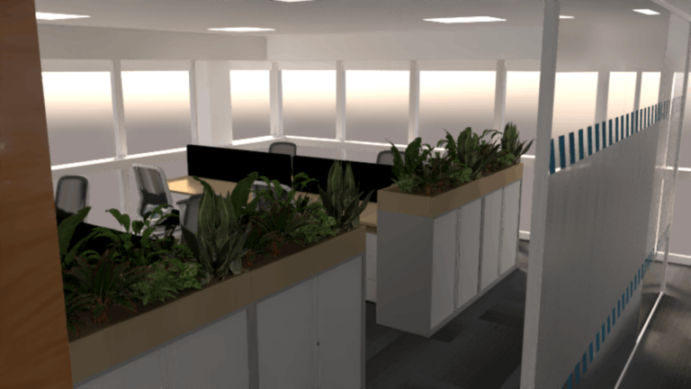 3D visual for the License Check office fit out showing open-plan desks beside planter storage units and full-height glazed partitions with blue and frosted manifestation