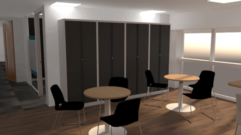 3D visual of the License Check office fit out breakout space showing tall storage lockers, round meeting tables, black chairs, wood-effect flooring and glazed partitioning to the meeting room