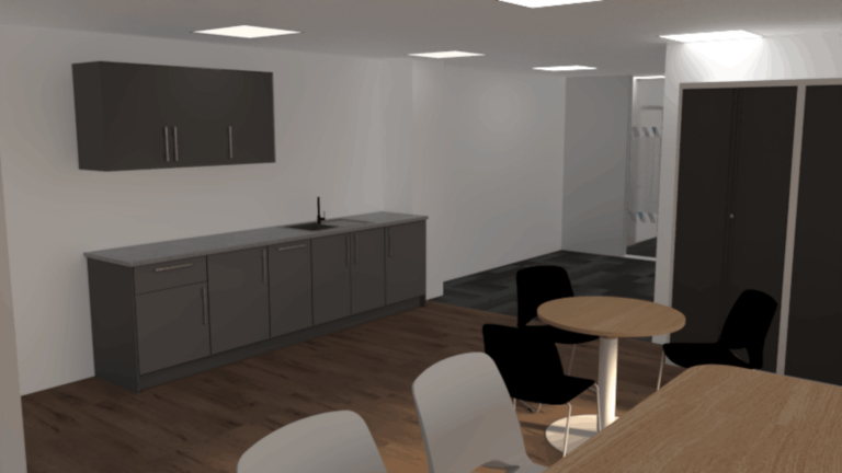 3D render of the License Check office fit out kitchenette and breakout area with grey base units, wall cupboards, sink, wood-effect flooring, café seating and nearby storage lockers