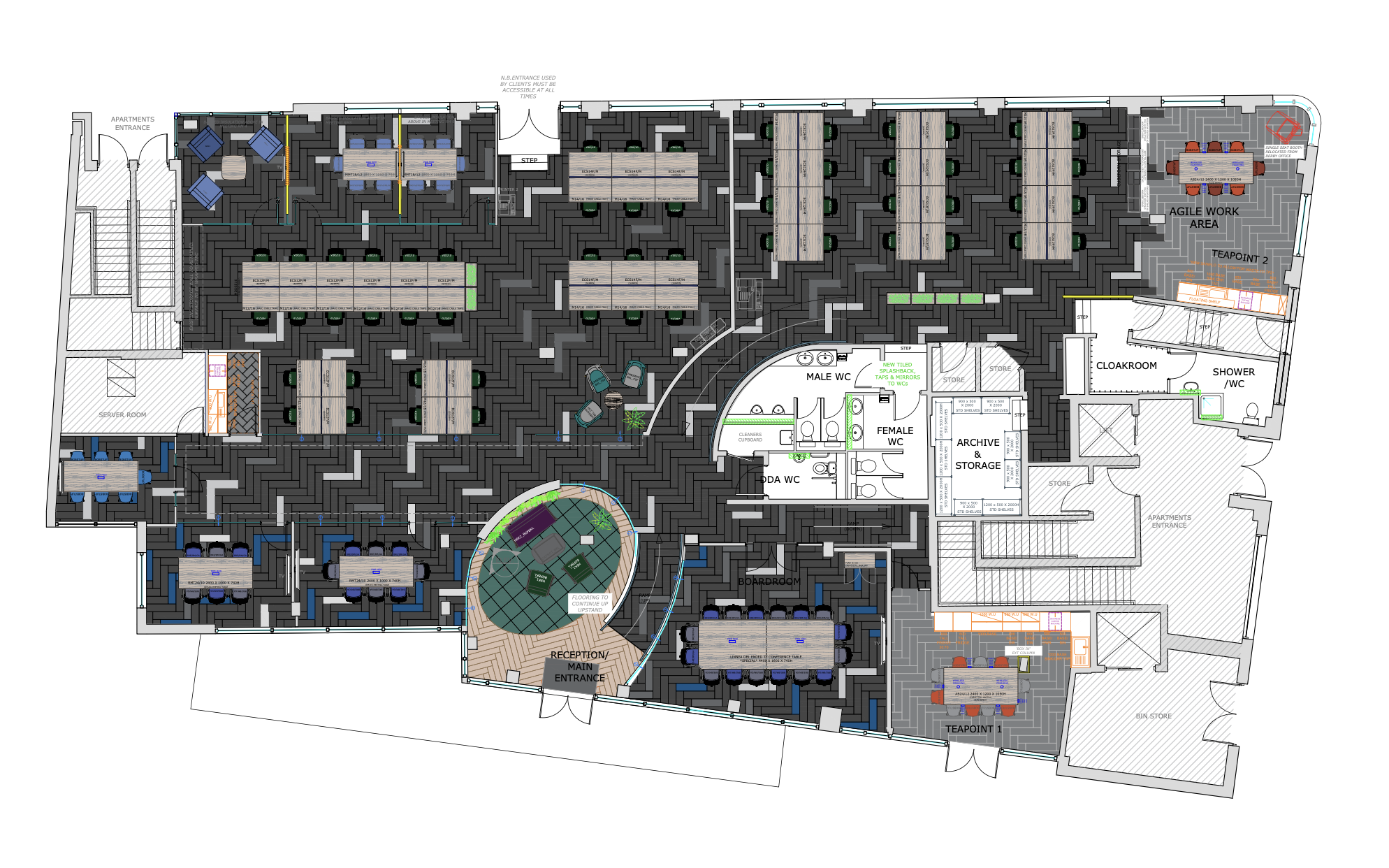Floor plan of a commercial office fit out, showing a large open-plan workspace with multiple desk banks, meeting rooms, breakout areas, storage rooms, washrooms, cloakroom, shower/WC facilities, teapoints, and a central reception area at the main entrance. The reception space is positioned near the bottom centre of the plan, marked with curved glazing or partitioning, a feature floor finish, soft seating, planting, and a welcoming entrance zone leading into the wider office. The layout also includes a boardroom, agile work area, server room, archive and storage space, DDA WC, male and female WCs, and apartment entrance areas.